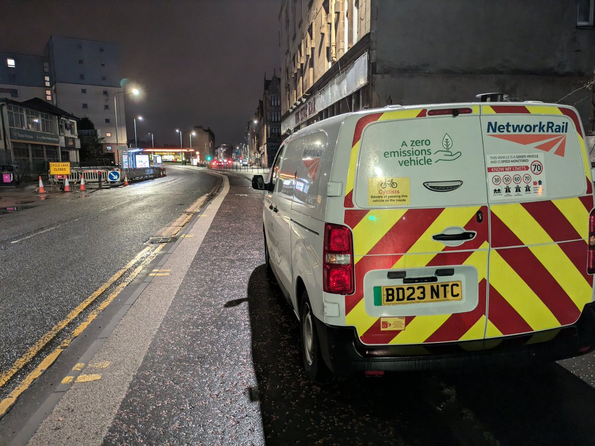 <a href="/NetworkRailSCOT/">Network Rail Scotland</a> hard to "beware of passing this vehicle on the inside" when it's illegally parked on the cycle lane and pavement. Please train your drivers to park legally.

Early hours of 03/11/2024, near Eglinton toll, Glasgow