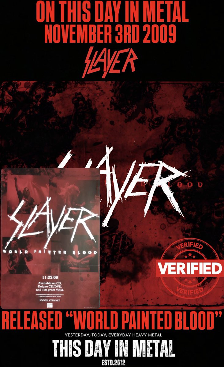 ThisDayInMETAL's tweet photo. Nov 3rd 2009 ๐๐ฅ๐๐ฒ๐๐ซ released the album "World Painted Blood" #HateWorldwide #PsychopathyRed #Snuff #Americon #HumanStrain #ThrashMetal
๐๐ข๐ ๐ฒ๐จ๐ฎ ๐ค๐ง๐จ๐ฐ...
Sadly it was their last album with guitarist Jeff Hanneman. https://t.co/CYJHWh0puH