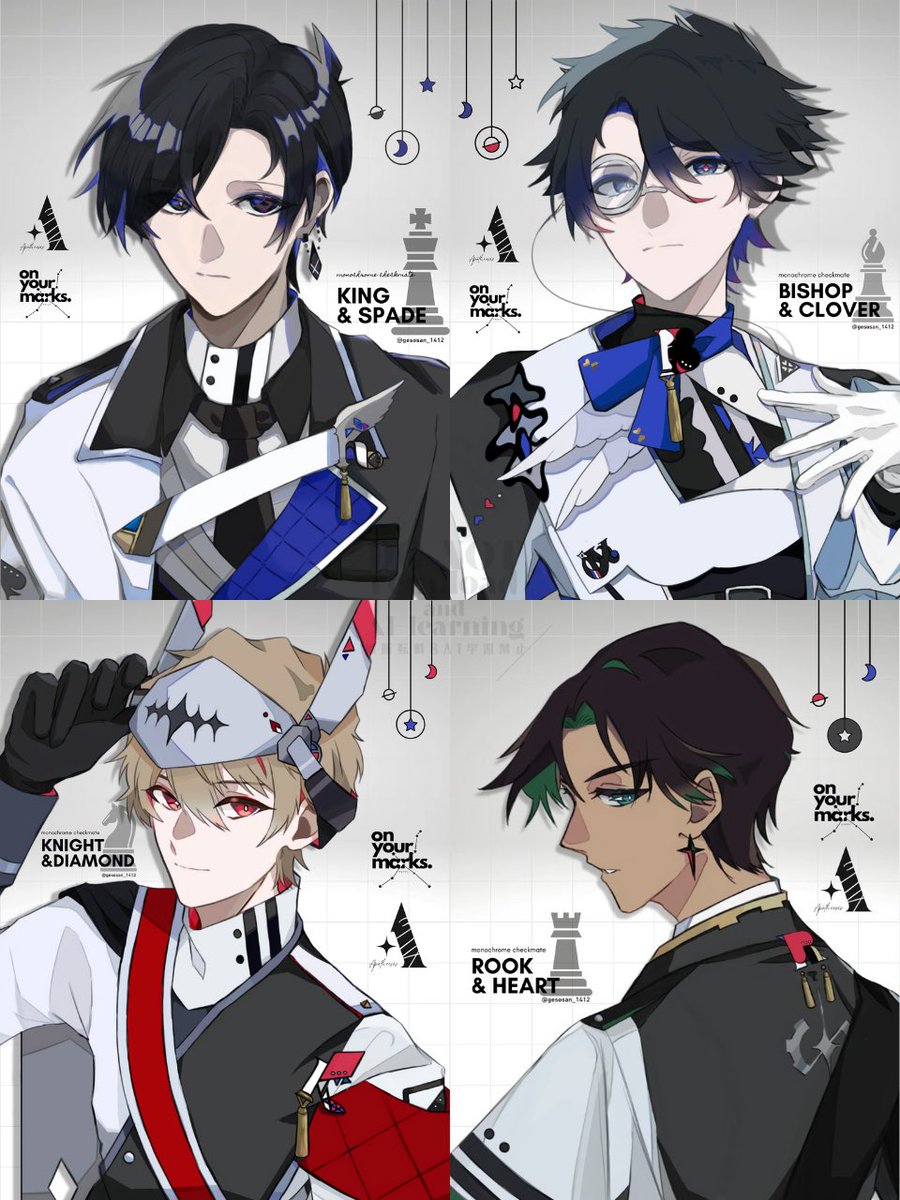 さんパで展示していたイラストになります！
チェスモチーフで4人の描き下ろしをしました〜！3/4要素もちょこちょこ入っております♞
ネップリは後程個別でご案内致します
 #よんぶんのさんパアフター