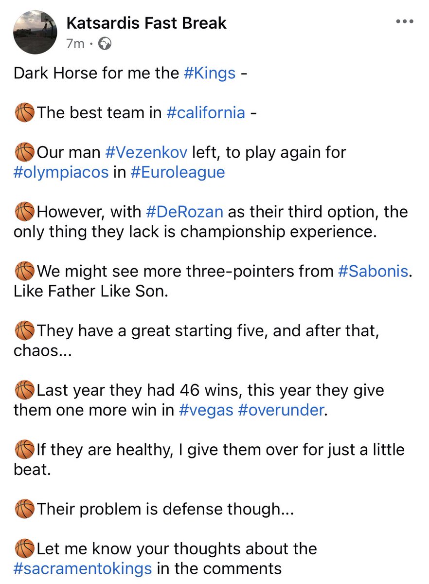 katsardisfbreak's tweet photo. 🏀Dark Horse for me the #Kings
🏀The best team in #California
🏀Read why in the photo and let me know your thoughts
#katsardisfastbreak #mononba #nbagreekway #sacramento #NBA #basketballislife #NBAGR #NBAGreece #SashaVezenkov #OlympiacosBC #sacramentoproud #deaaronfox https://t.co/1PuvfLQfEC