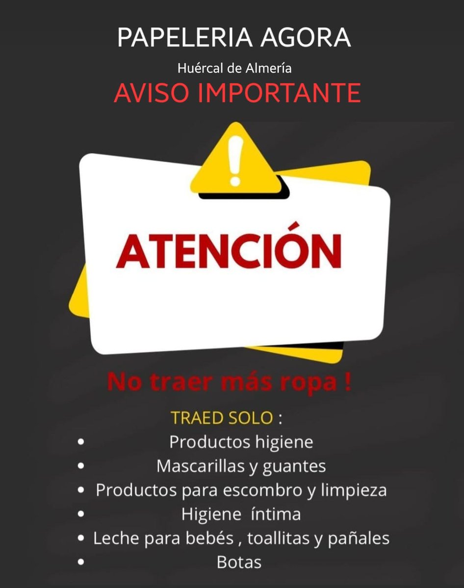 Nuestros compañeros de #PapeleriaAgora en Huércal de Almería, nos piden difundamos este #AVISOIMPORTANTE.

#AyudaEfectosDana