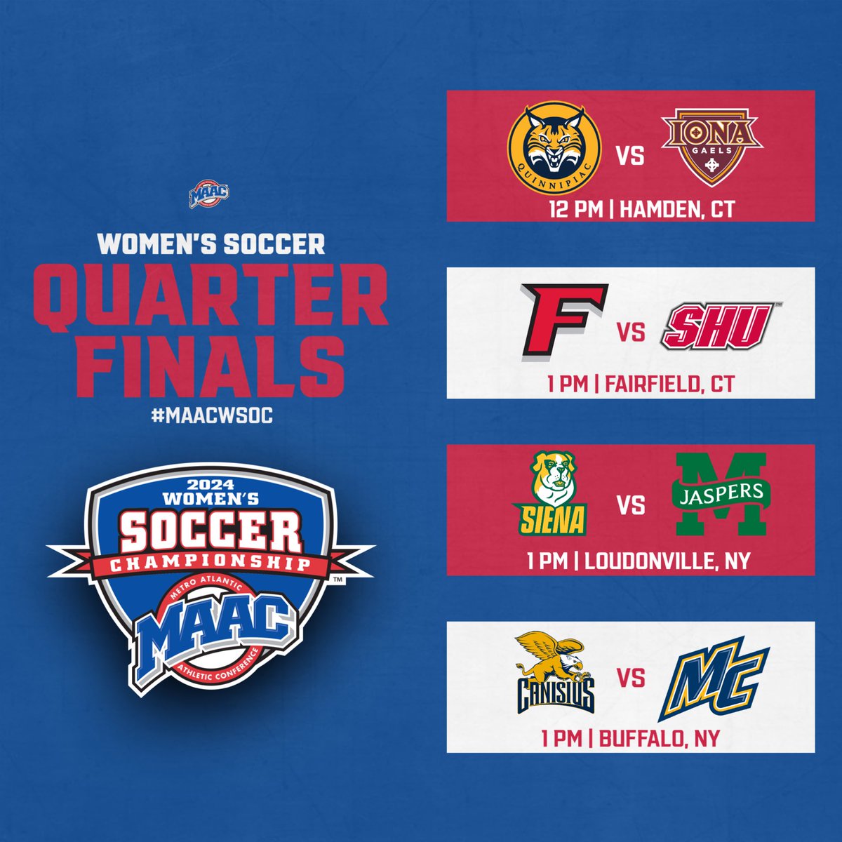 #MAACSports (@maacsports) on Twitter photo It’s GAMEDAY
our 2024 MAAC Women’s Championship starts today !
🏆: bit.ly/4e4oml7
all games on ESPN+
#MAACSports x #MAACWSOC It’s GAMEDAY
our 2024 MAAC Women’s Championship starts today !
🏆: bit.ly/4e4oml7
all games on ESPN+
#MAACSports x #MAACWSOC