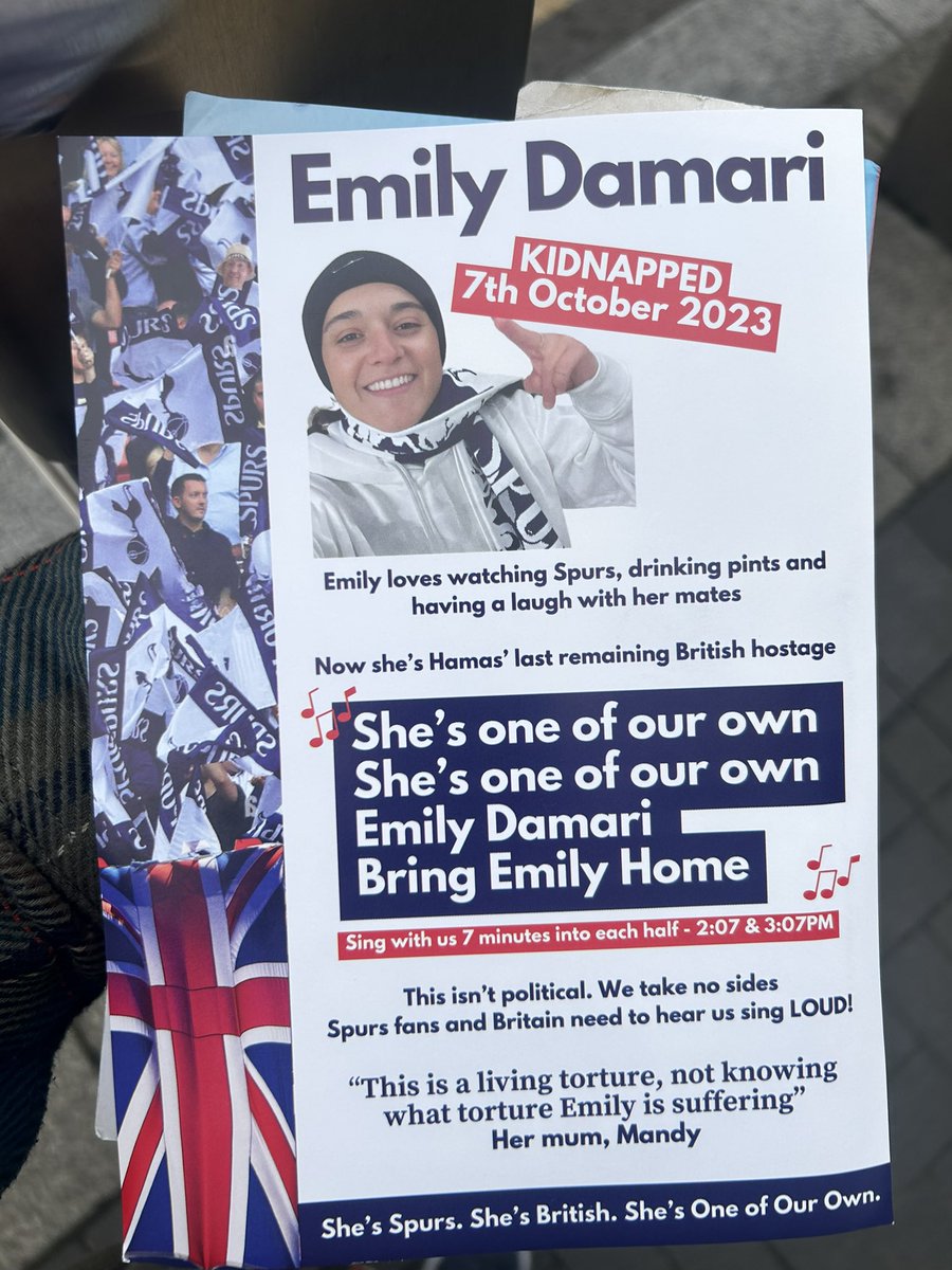 JacobSteinberg's tweet photo. Spurs fans holding a rally before today’s game v Aston Villa for Emily Damari, the last remaining British hostage held by Hamas. Good to see fellow supporters stopping and engaging positively but more awareness needed @StopTheHate_UK https://t.co/OzemA4Zlgw