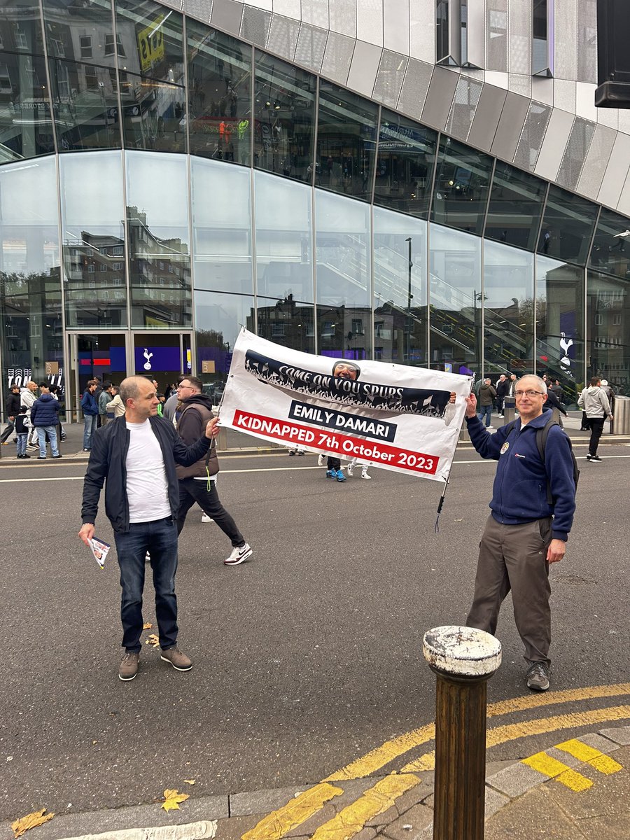 JacobSteinberg's tweet photo. Spurs fans holding a rally before today’s game v Aston Villa for Emily Damari, the last remaining British hostage held by Hamas. Good to see fellow supporters stopping and engaging positively but more awareness needed @StopTheHate_UK https://t.co/OzemA4Zlgw
