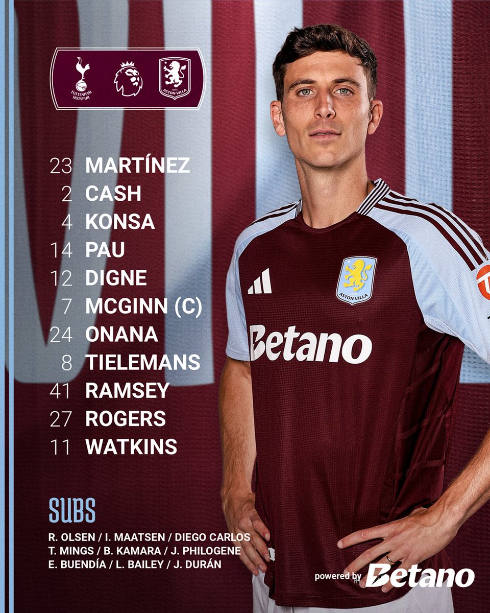 AVFCOfficial's tweet photo. Our starting XI this afternoon 🫡 #TOTAVL https://t.co/Pjimhetjw9