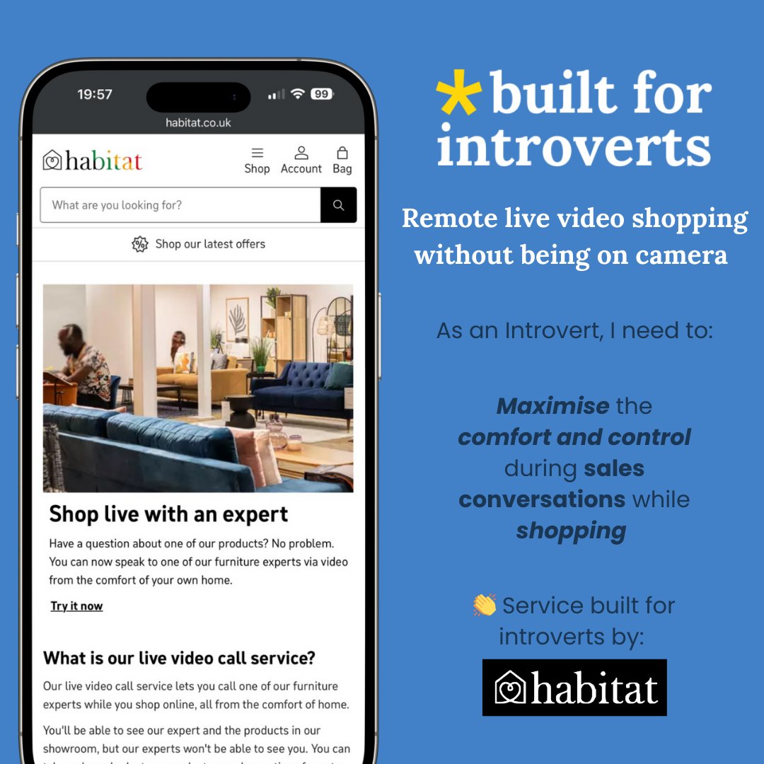 builtforintros's tweet photo. Customers engage on their terms, without the pressure of in-store dynamics. Adapt a service to fit introvert preferences for comfort, control, &amp; purpose in interactions
👏 @habitatuk 👏

#introvert #introvertlife #introvertproblems #introvertstruggles #quiet #builtforintroverts https://t.co/b18Col6Y0F