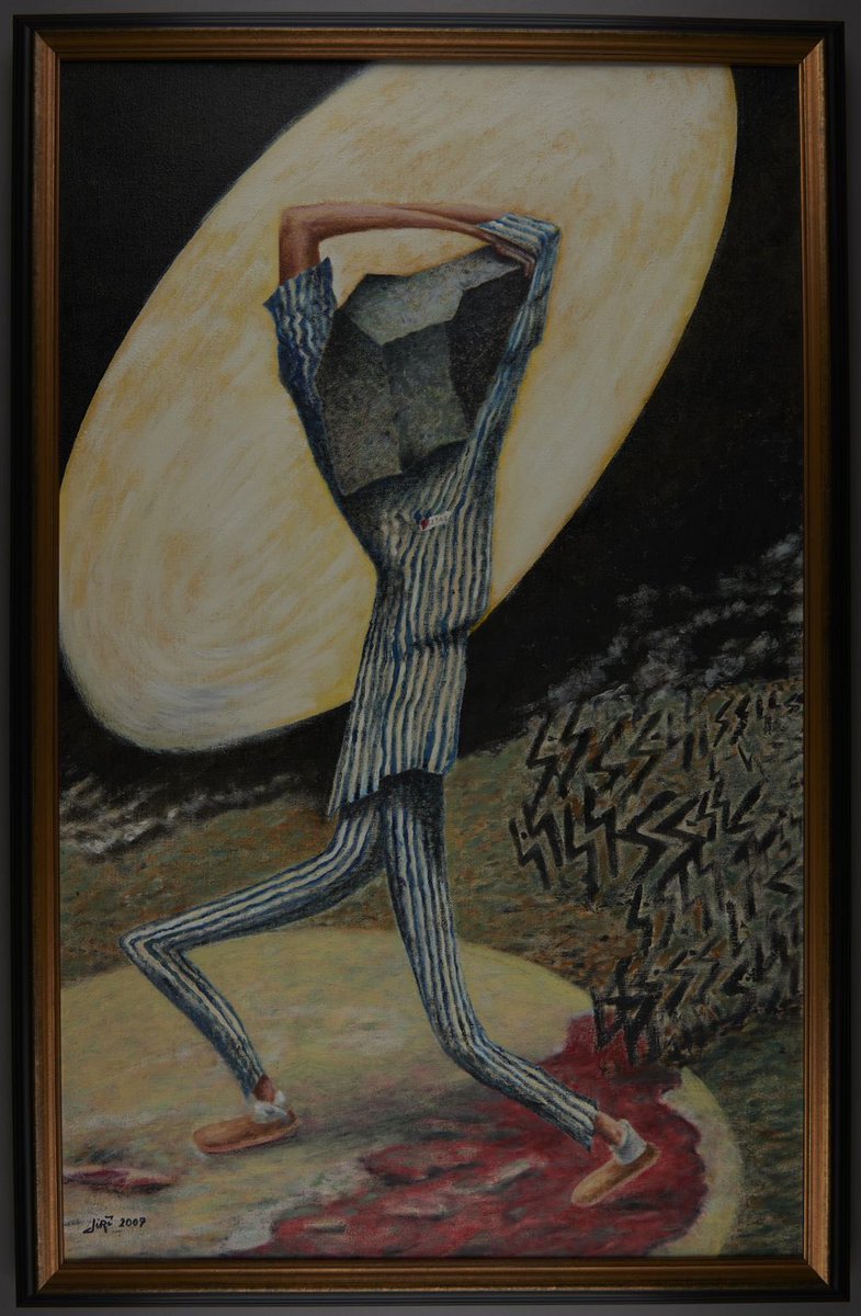 Painting created by Jiri Konta in 2007.
Dr. Konta was a political prisoner in Mauthausen concentration camp from 1943-1945 and liberated there. The painting depicts a prisoner in concentration camp uniform carrying a large stone covering his face.