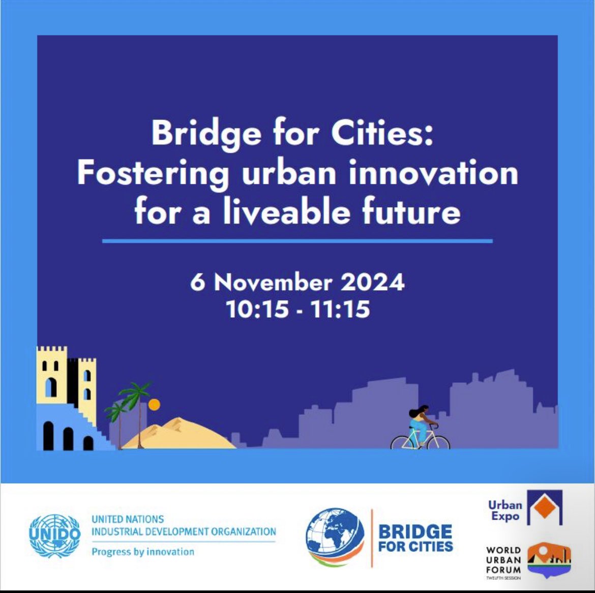 ➡️  This week at the World Urban Forum #WUF12 in Cairo

UNIDO’s Side Event - Bridge for Cities: Fostering urban innovation for a liveable future 6 November, 10:15 – 11:15 AM 
One UN Pavilion, WUF12 Urban Expo - Egypt International Convention Centre, Cairo, Egypt