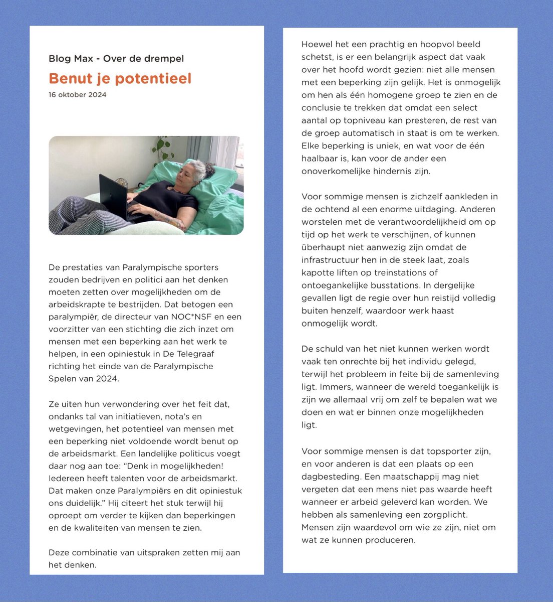 ELKE BEPERKING IS UNIEK 

Deze column👇verdient bredere verspreiding 

✅ ‘kan echt iedereen met een beperking aan het werk, omdat een selecte groep op olympisch niveau kan sporten?’  

✅ van 🙏🏽 <a href="/maxiaadvermogen/">Max Laadvermogen</a>