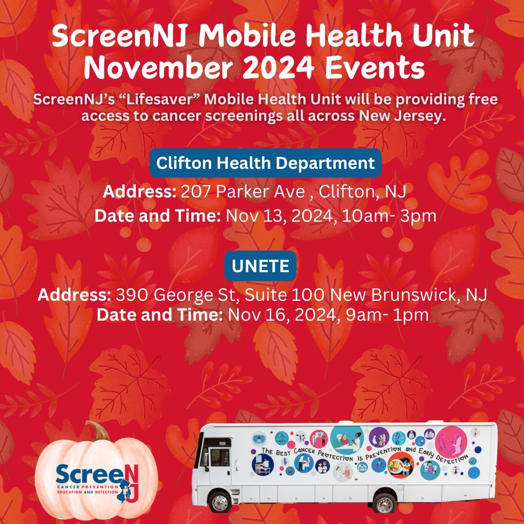 ScreenNJ's tweet photo. ScreenNJ’s Mobile Health Unit will be traveling across #Newjersey providing #free #cancerscreenings throughout November! See if we are traveling to a location near you. #NJ #cancerprevention #cancerawareness https://t.co/MpZd8dpyCH