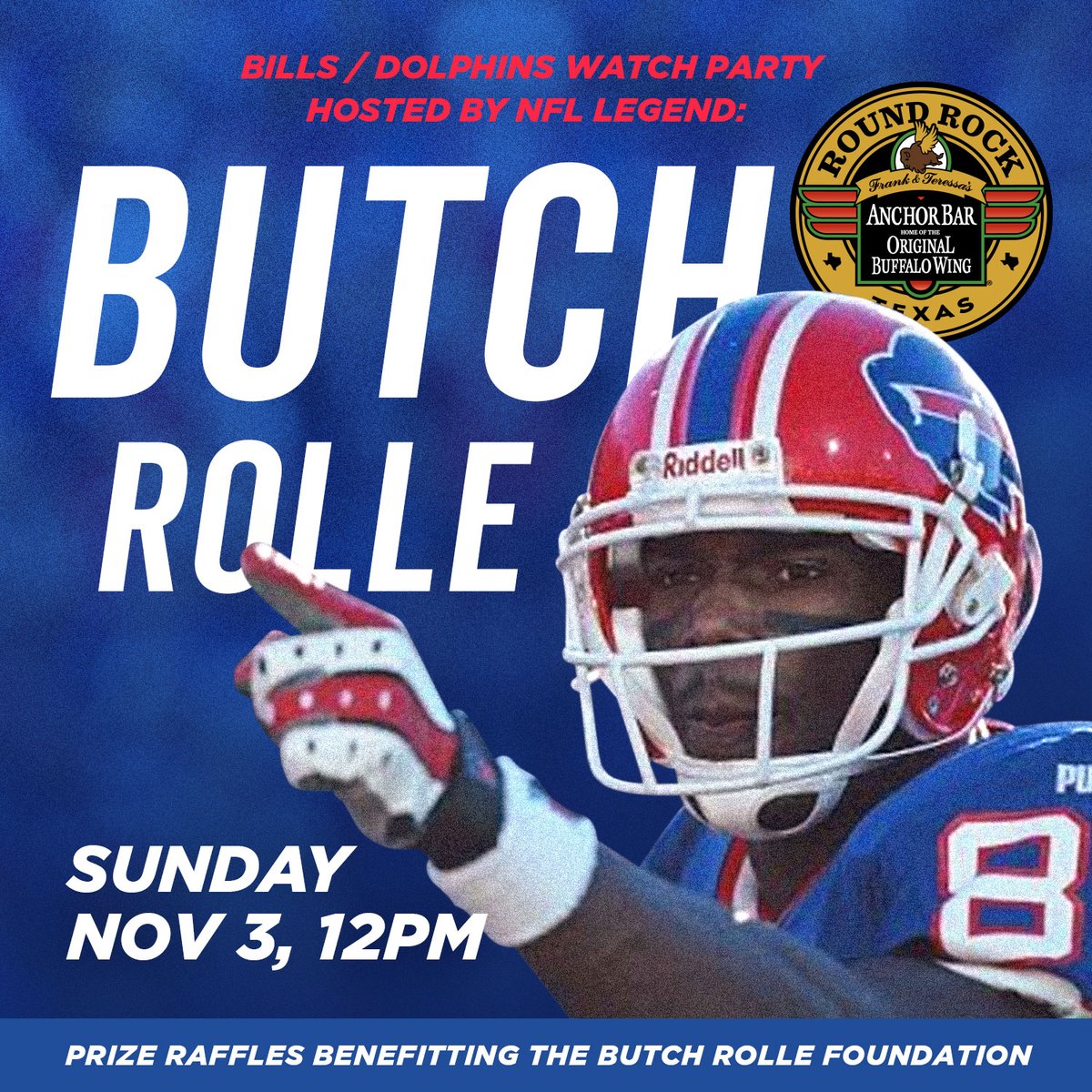 AnchorBarATX's tweet photo. Buffalo Bill legend, Butch Rolle, will be at Anchor Bar today!

Come meet Butch and take pics and get autographs. Plus you get buy some memorabilia and win raffle prizes that benefit the Butch Rolle foundation.

Join us at Noon for the Bills game and meet Butch!

#BillsMafia https://t.co/4d7ZTu0FT7