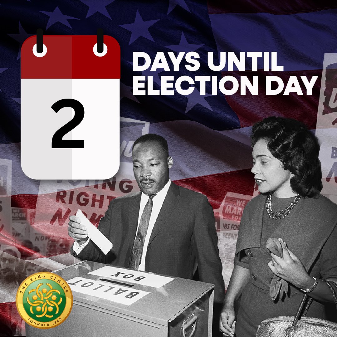 TheKingCenter's tweet image. 2 Days Until #ElectionDay2024

&quot;Freedom is never really won; you earn it and win it in every generation.&quot; #CorettaScottKing

With only two days left before #ElectionDay2024, let’s remember that #democracy thrives when we all participate. By #voting, we’re taking a stand for…