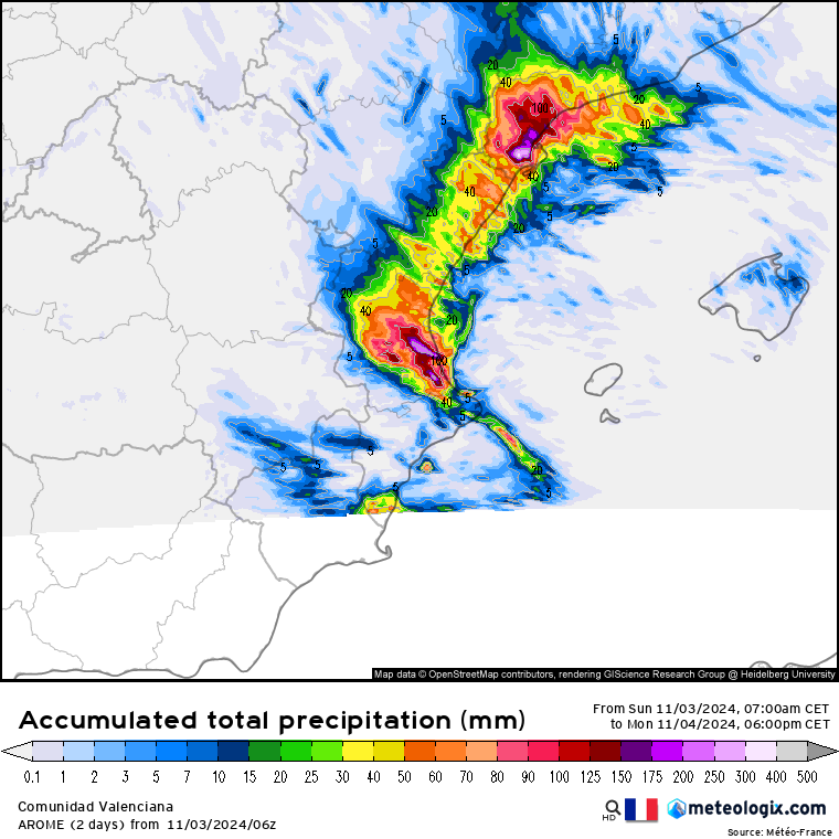 ¡Atención! 🚨

El modelo AROME actualiza su pronóstico y muestra acumulados de 150-200 L/m² en áreas ya afectadas para el martes. Esto implica un riesgo elevado.