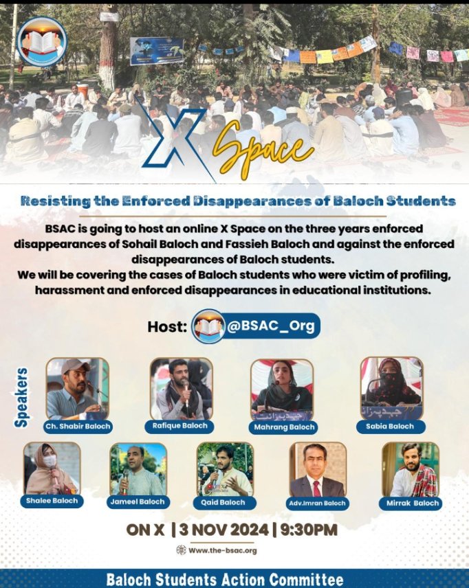 X space host by <a href="/BSAC_org/">BSAC</a> 
Speakers mama <a href="/rafique_baloch1/">Rafique Baloch</a> 
<a href="/MahrangBaloch_/">Mahrang Baloch</a> <a href="/SabihaBaloch_/">Sabiha Baloch</a> 
<a href="/ShaleeBaloch/">Shalee Baloch</a>