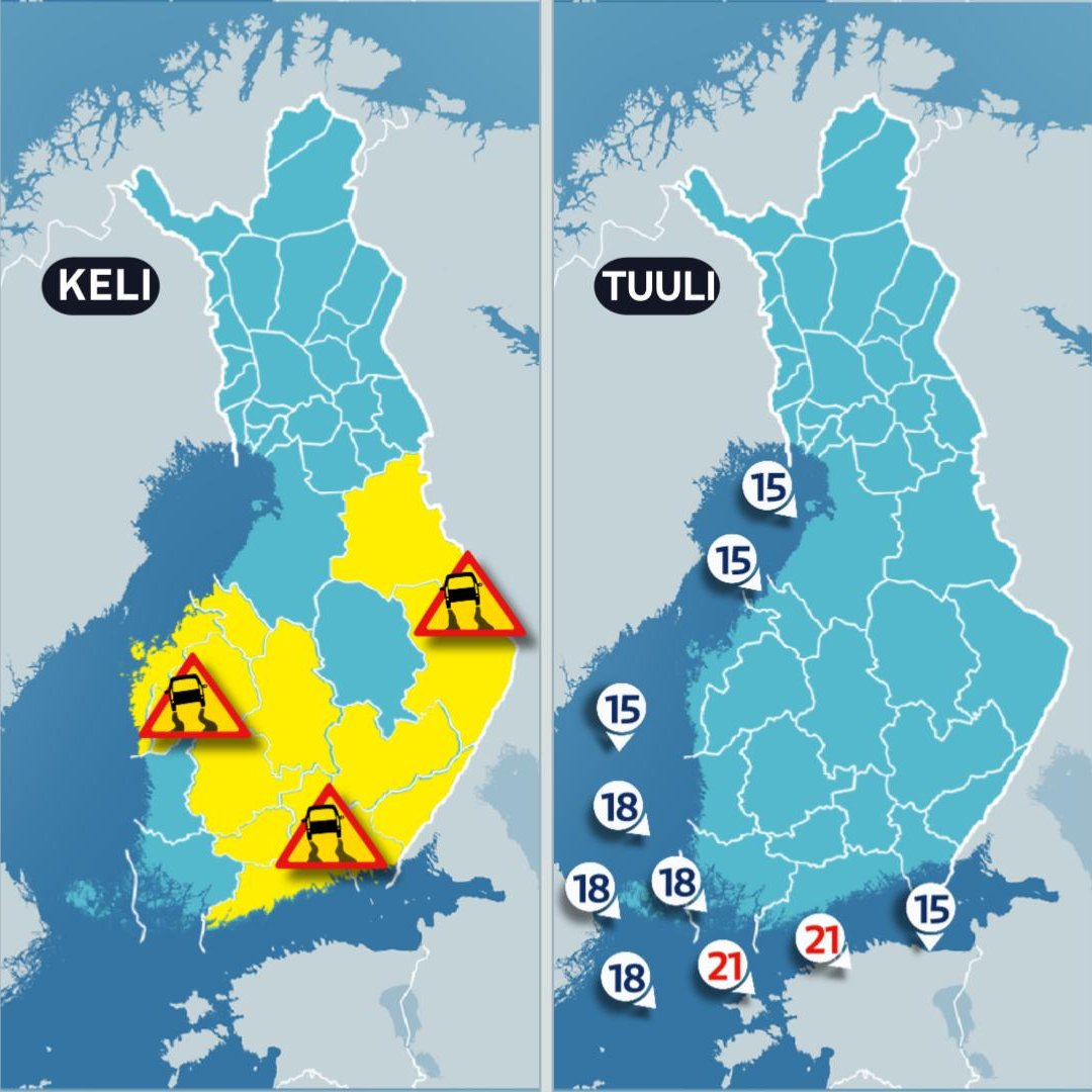 Lumi- ja räntäsateiden myötä keli on monin paikoin huono maan etelä- ja keskiosassa sekä Kainuussa. Merillä tuuli on kovaa, paikoin tuuli käy myrskylukemissa. 
Yön aikana sateet väistyvä ja tuulet heikkenevät.