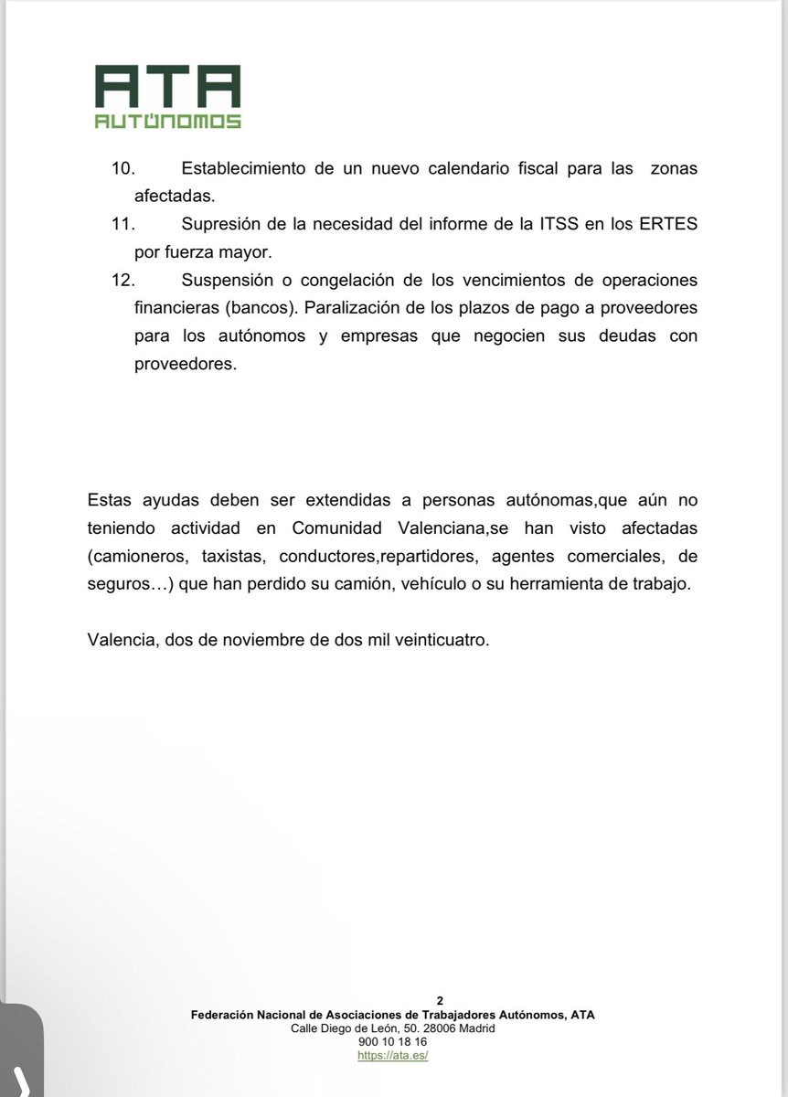 Ayer enviamos a las diferentes Administraciones un paquete de medidas urgentes que deberían aprobarse el próximo martes en Consejo de Ministros 
Son unas primeras medidas muy necesarias para los autónomos afectados por la Dana