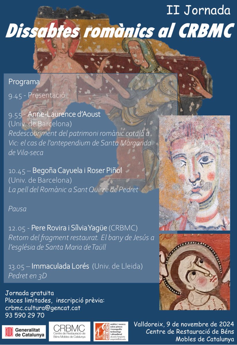<a href="/arspicta/">Ars Picta</a> i el Centre de Restauració de Béns Mobles de Catalunya organitzen la II Jornada dels Dissabtes romànics al CRBMC.
📍9 de novembre a Valldoreix
👉Jornada és gratuïta, 
✏️Inscripció prèvia: crbmc.cultura@gencat.cat