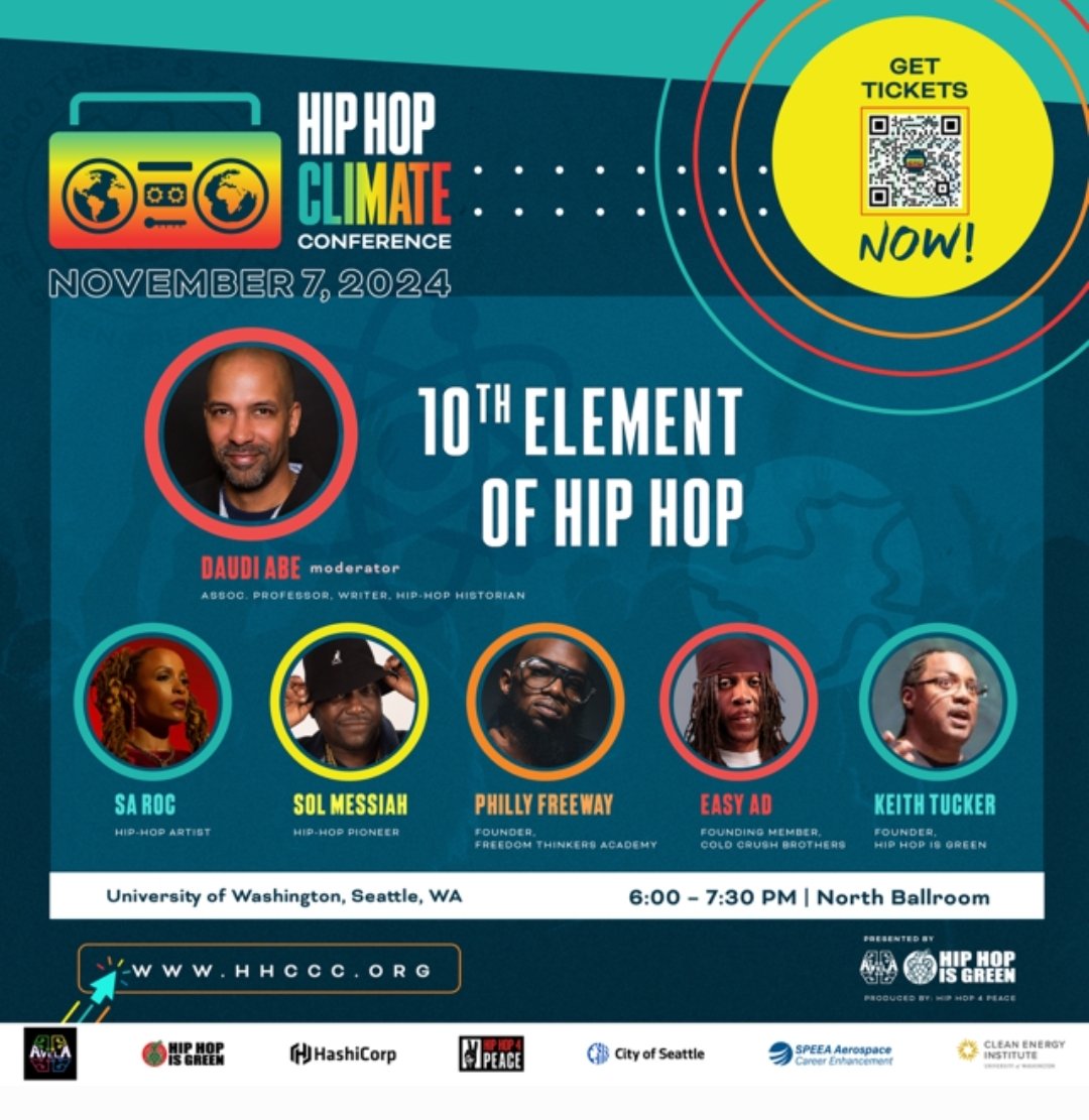 HEdutainment's tweet photo. 10th Element of Hip Hop Panel at University of Washington Seattle, Washington. November 7, 2024 6pm - 7:30pm / North Ballroom
Ticket available at https://t.co/Xn9LBZu4Up   Ez Ad Sa-Roc  @Sol Messiah Philadelphia Freeway @HipHopisGreen @Daudi Abe https://t.co/MHV9y7PPln