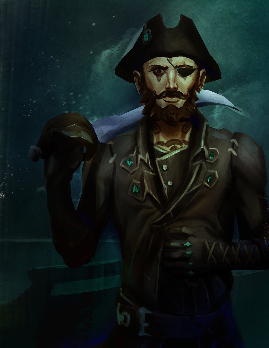 A pirate cloaked in black and twinkling green. A painting commissioned by a proud obsidian justiciar...

Thank you,<a href="/xB0NAx/">B0NA</a> for ordering!

It took me a long time to finish this painting, but I'm happy anyway!

#art #painting #BeMorePirate #SeaOfThieves #opencommission