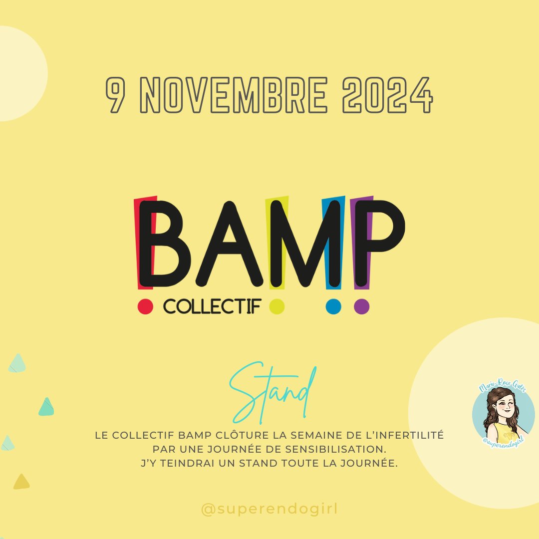 [STAND]

📅 Rdv le 9 novembre, que ce soit pour me poser vos questions sur l'#endométriose ou me faire dédicacer vos livres 😉

<a href="/CollectifBAMP/">Association Collectif BAMP !</a> organise toute la semaine des évènements de sensibilisation à l'#infertilité. N'hésitez pas à jeter un œil à leur compte !