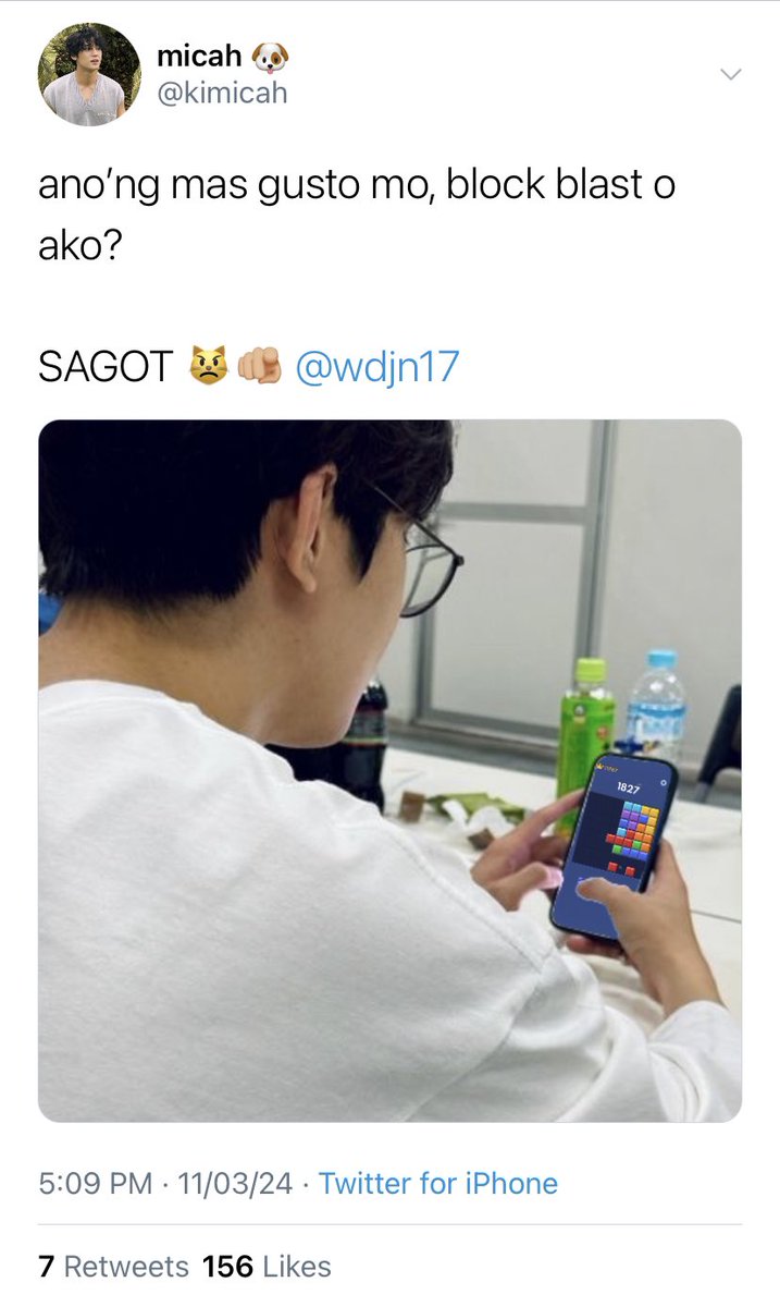 mnwnyx's tweet photo. ano’ng mas gusto mo? block blast o ako?
— a short filo #minwon au

asar na asar na si micah (mg) sa boyfriend niyang panay laro ng block blast! https://t.co/3qN7sgTksE