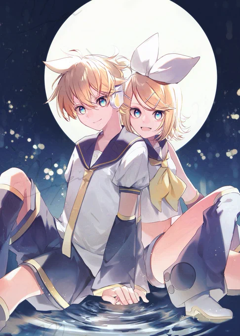 #鏡音つきよ!お疲れさまでした!本当におまぬけなのですが、公開後はメインビジュアルを個人で掲載してよいことを失念しており、イベント後ですが、今回描かせていただいたイラストです!月夜でくっついてる鏡音です～ 