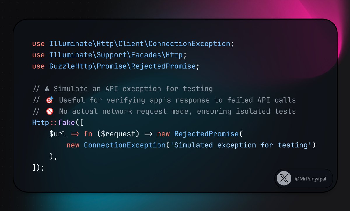 🛠️ Laravel Tip: Testing API Exceptions

Mock API failures to ensure your app handles exceptions gracefully! With a simulated exception, you can verify error handling without real network calls. 🚫💡

Perfect for validating error handling under adverse conditions. 🤞

#Laravel
