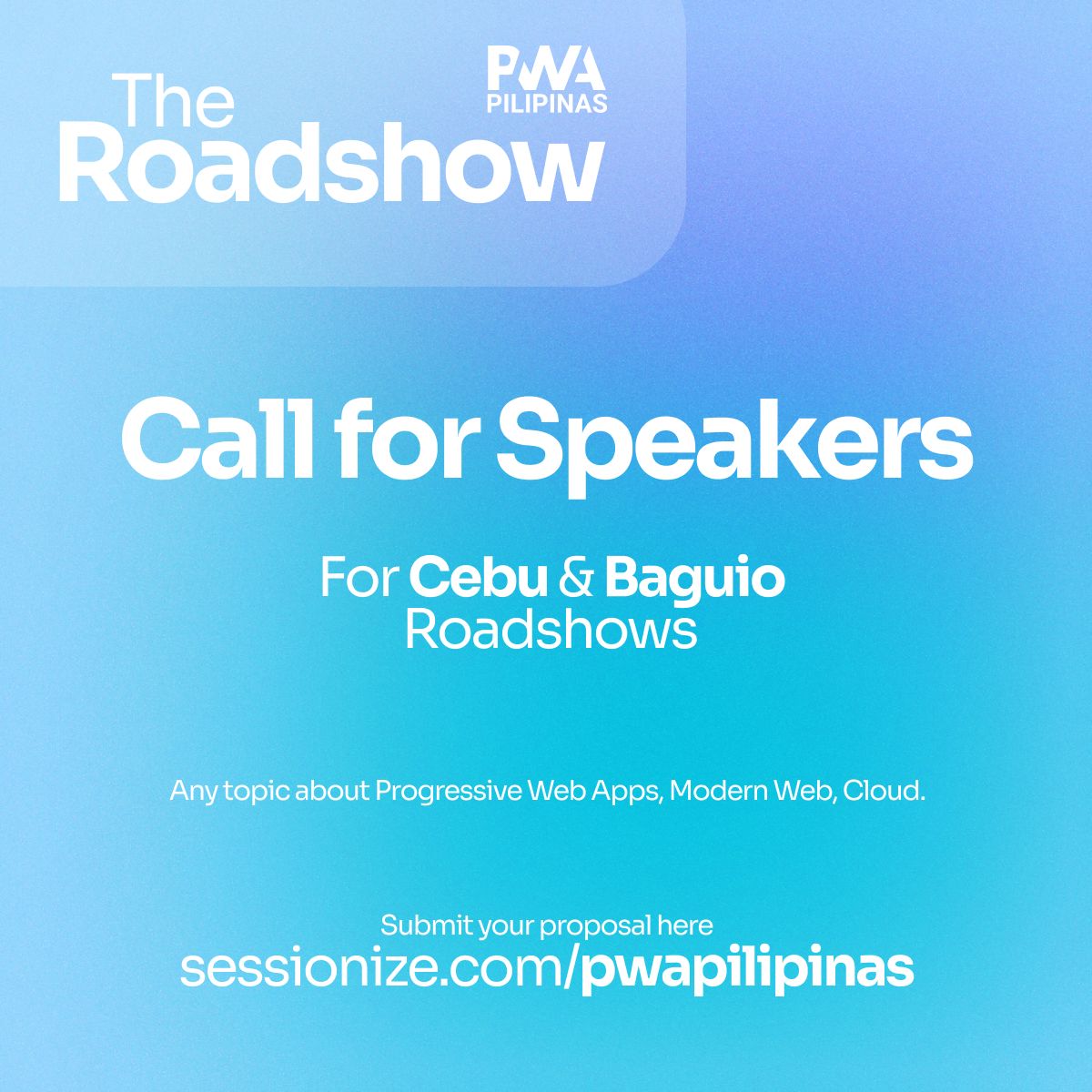 PWAPilipinas's tweet image. 🚀 Call for Speakers! 🚀
Passionate about Progressive Web Apps, Modern Web, or Cloud? Join the PWA Pilipinas Roadshows in Cebu & Baguio!
Share your expertise! Submit your proposal 👉 buff.ly/3YmVwXa
#PWAPilipinas #TheRoadshow #TechPH
