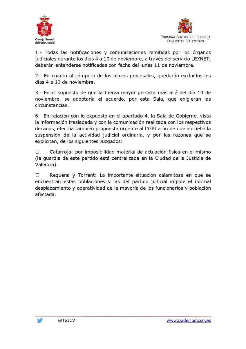 La Sala de Gobierno del Tribunal Superior de Justicia de la Comunidad Valenciana propone al CGPJ  #prorrogar la #suspensión de #plazos procesales en los juzgados de la provincia de Valencia entre el 4 y el 10 de noviembre. Toda la información aquí