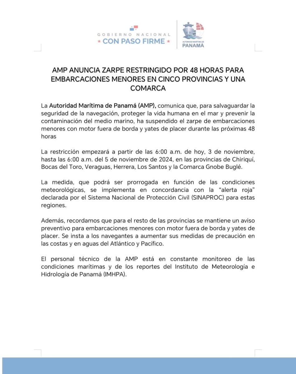 🚨Autoridad Marítima de Panamá restringe zarpe de embarcaciones menores en cinco provincias y una comarca.⚠️