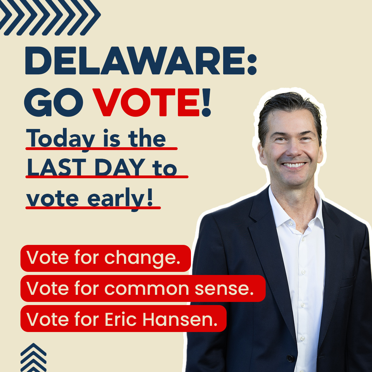 EricHansenDE's tweet photo. Today is the last day to vote early, Delaware! Get to the polls and take your friends and family with you! 
#Vote #VoteRed  #VoteEarly https://t.co/N5ifiGZIVI