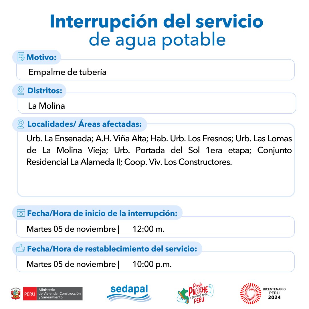 SedapalOficial's tweet image. 📝 Atención vecinos de #LaMolina, con el fin de mejorar la calidad del servicio, #Sedapal tiene trabajos programados para el de noviembre por lo que se interrumpirá parcialmente el servicio de agua en algunos sectores. Más detalles aquí 👇#InterrupciónDelServicio