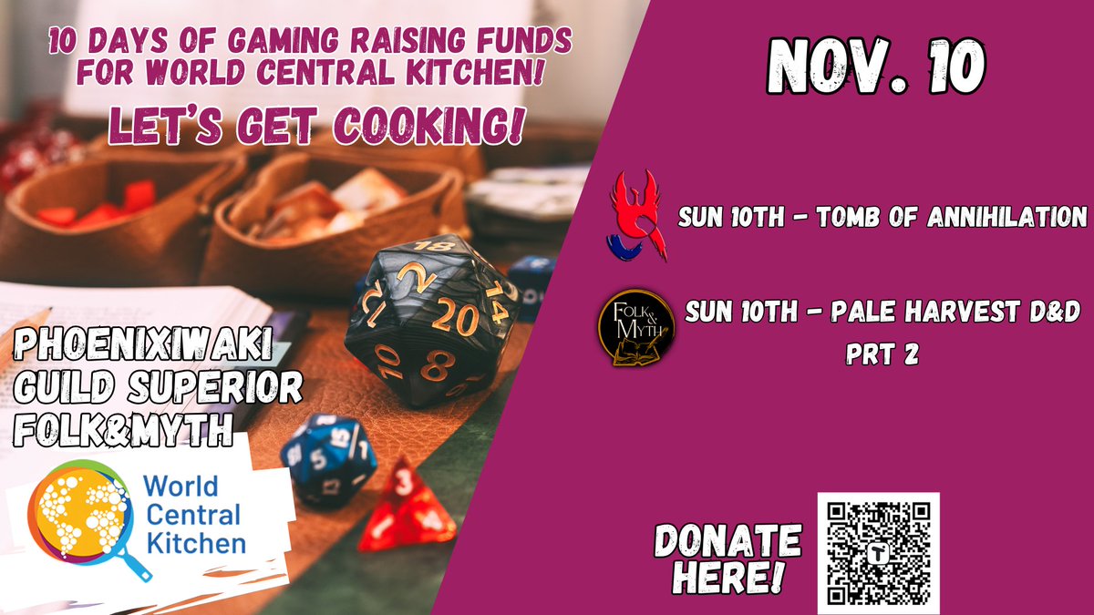 <a href="/the_okayest_gm/">Miko</a> <a href="/DCreepshow/">DarlingCreepshow</a> <a href="/littlebones309/">littlebones309 🤠</a> <a href="/PixiesAndPins/">PixieDust&SafetyPins (she/her)</a> <a href="/d20monkey/">Brian F’n Patterson!</a> And don't forget to check out what our good friends at <a href="/phoenixiwaki/">Phoenixiwaki</a> and <a href="/GuildSuperior/">Guild Superior</a> are getting up to this week! Join us for great games and prizes all week, and help out an amazing cause <a href="/WCKitchen/">World Central Kitchen</a> !