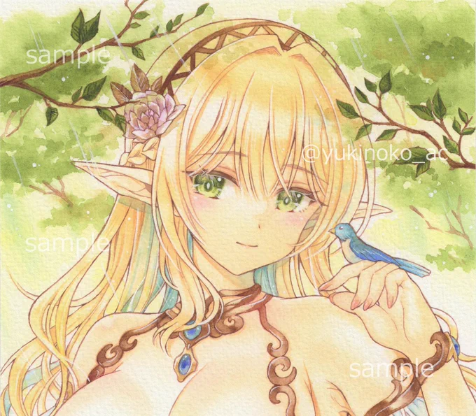 お絵描きのご紹介オリジナルのエルフさんです。人里から離れた世界に棲んでいるため恥じらいなどを知らないまま育ち、森の中に迷い込んだあなた(閲覧者様)と出会った場面をイメージして描きました #手描きイラスト #イラスト #透明水彩 #水彩画 #創作 #女の子 #エルフ #アナログイラスト