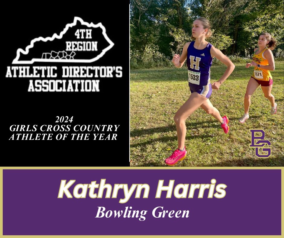 4th Region Athletic Directors Association (@4thregionads) on Twitter photo The 2024 Girls Cross Country Athlete of the Year is Kathryn Harris from <a href="/BgPurplesAth/">BG Purples Athletics</a> . Congratulations Kathryn on an outstanding year and good luck in the future! The 2024 Girls Cross Country Athlete of the Year is Kathryn Harris from <a href="/BgPurplesAth/">BG Purples Athletics</a> . Congratulations Kathryn on an outstanding year and good luck in the future!
