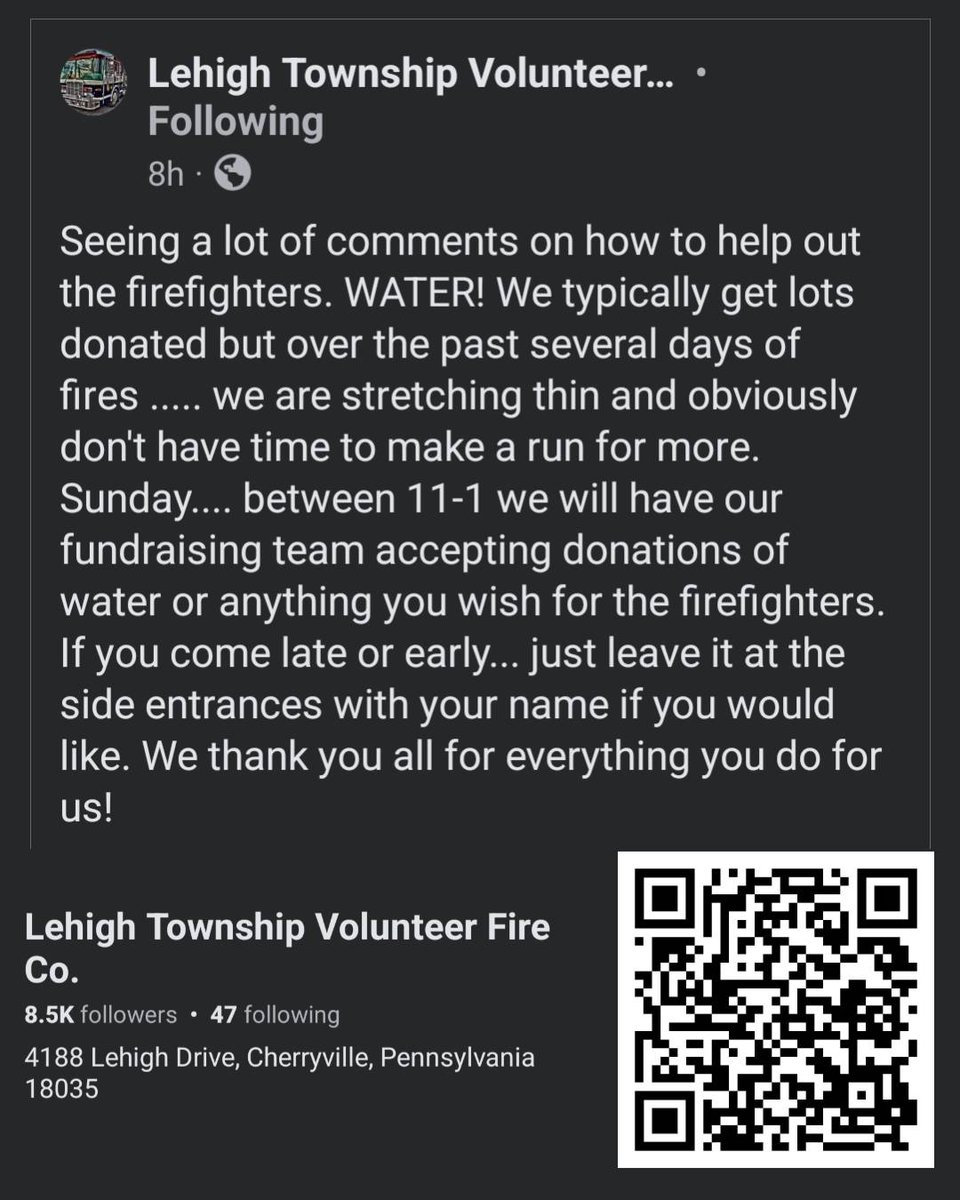 LVwithLove's tweet photo. Lehigh Township Volunteer Fire Co. 

4188 Lehigh Drive, Cherryville, Pennsylvania 18035

#BlueMountain #BlueMountainWildfire https://t.co/TRs4zyWyWF