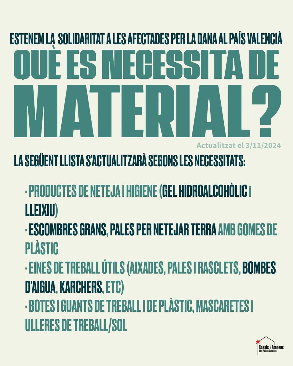 Què podeu fer per ajudar❓ estigueu atentes a les nostres xarxes 📱 i a les de <a href="/suportmutudana/">Suport Mutu DANA València</a>, apropeu-vos als vostres Casals o Ateneus més propers 🏠 i feu una ullada al web que acabem de publicar ⬇️⬇️
organitzemlaresposta.cat

🔥Sols el poble salva al Poble!🔥