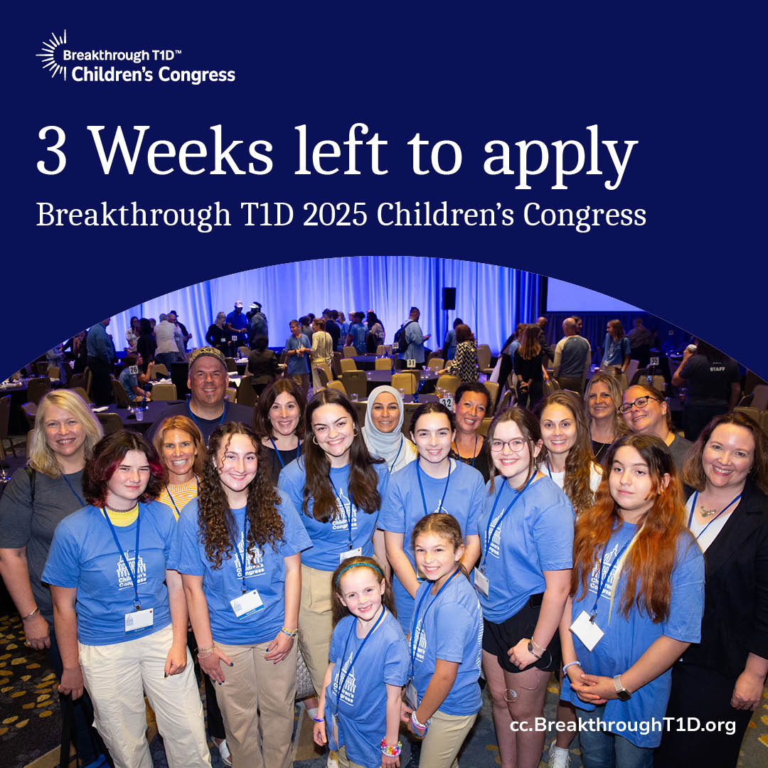 There are just THREE WEEKS left for #T1D youth ages 4 to 17 to apply for a chance to become a Breakthrough T1D 2025 Children's Congress Delegate! Don't wait – the application closes on November 24. Learn more and apply now at cc.BreakthroughT1D.org! #BreakthroughT1DCC25