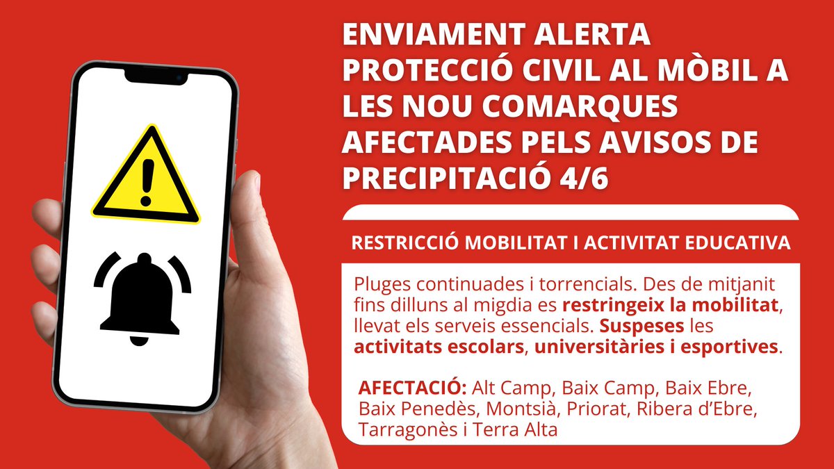 elvendrell_cat's tweet photo. ❗Alerta de Protecció Civil - CECAT per pluges continuades i torrencials 

👉 Seguiu les recomanacions de les autoritats extremant la precaució i evitant zones inundables 

@emergenciescat https://t.co/gWsITKjbdR