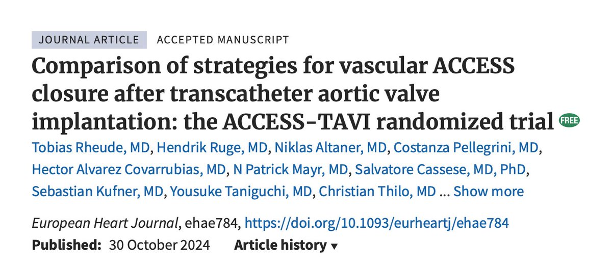 Abdulla A. Damluji, MD, PhD (@drdamluji) on Twitter photo Comparison of strategies for vascular ACCESS closure after transcatheter aortic valve implantation: the ACCESS-TAVI randomized trial: <a href="/ESC_Journals/">European Society of Cardiology Journals</a>
🥸 ACCESS-TAVI trial
😱 Summary
👇👇👇 Comparison of strategies for vascular ACCESS closure after transcatheter aortic valve implantation: the ACCESS-TAVI randomized trial: <a href="/ESC_Journals/">European Society of Cardiology Journals</a>
🥸 ACCESS-TAVI trial
😱 Summary
👇👇👇