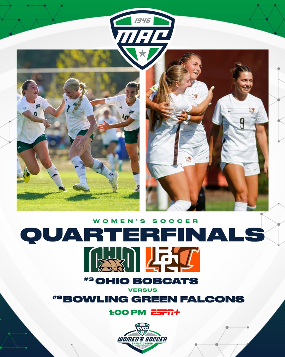 MACSports's tweet photo. The 2024 MAC Women's Soccer Championship begins today! 

No. 3 @OhioWSoccer  🆚 No. 6 @BGSU_WSoccer 

⏰: 1:00 PM ET 
💻: https://t.co/9jwSR5F4E2 (ESPN+)
📊: https://t.co/GJYxa8Yu7C

🏆🏠: https://t.co/xMI7qmAyxJ | #MACtion ⚽️ https://t.co/Gz7UgG0x4g