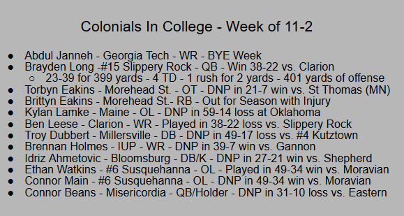 See what our former Colonials did in college this weekend! <a href="/wearetheox/">Colonials Football</a> @CVSDathletics