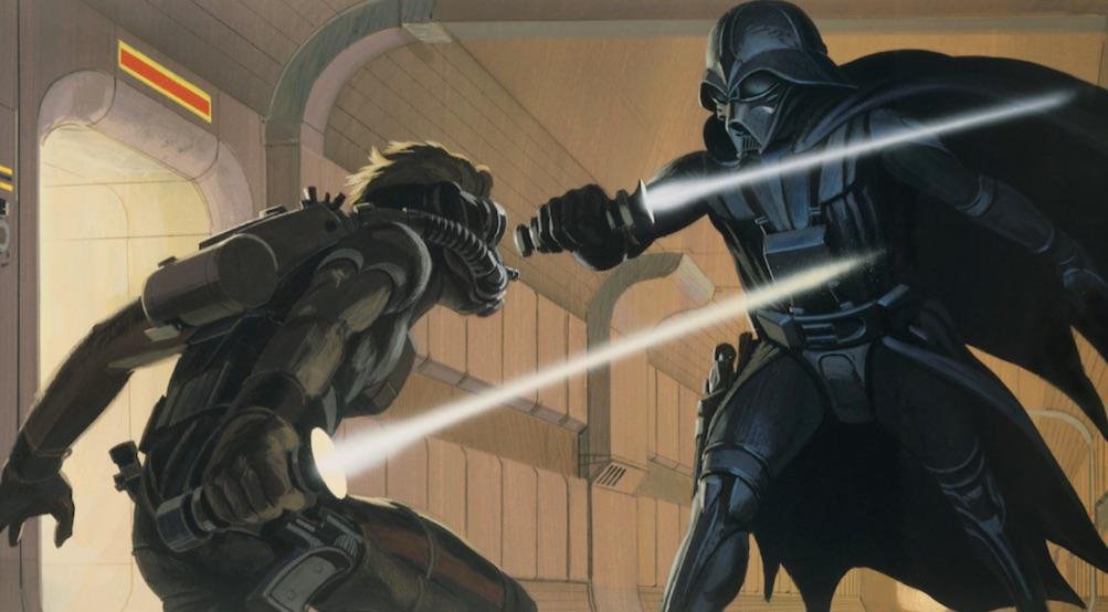 Trothael's tweet photo. @SilentSyringa @BitsHammer Early Ralph McQuarrie art depicting Luke Starkiller and Vader (can't remember if he was still a general or a Lord at this point) https://t.co/2U4WelAt62