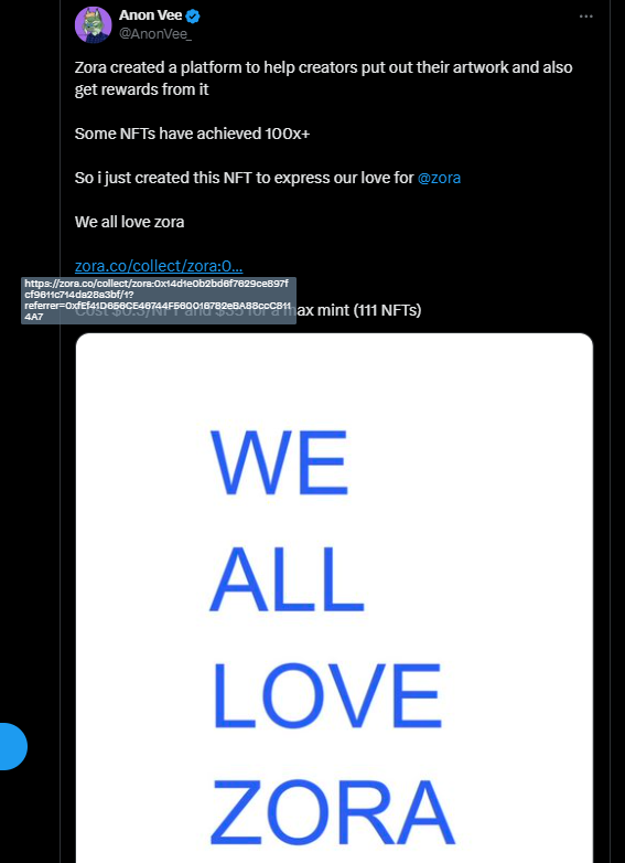 makebymoney's tweet photo. Why not just post another ZORA mint as a "New undiluted NFT on @ZORA"

Total ETH you got from this mint - 2.399ETH($5.9k)

The 2nd mint you created didn't do the exact because you already mentioned that this NFT is created by you

Total ETH you got from this mint - 0.67ETH($1.6k) https://t.co/PsyidCREio