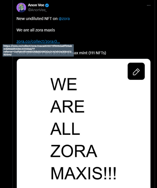 makebymoney's tweet photo. Why not just post another ZORA mint as a "New undiluted NFT on @ZORA"

Total ETH you got from this mint - 2.399ETH($5.9k)

The 2nd mint you created didn't do the exact because you already mentioned that this NFT is created by you

Total ETH you got from this mint - 0.67ETH($1.6k) https://t.co/PsyidCREio
