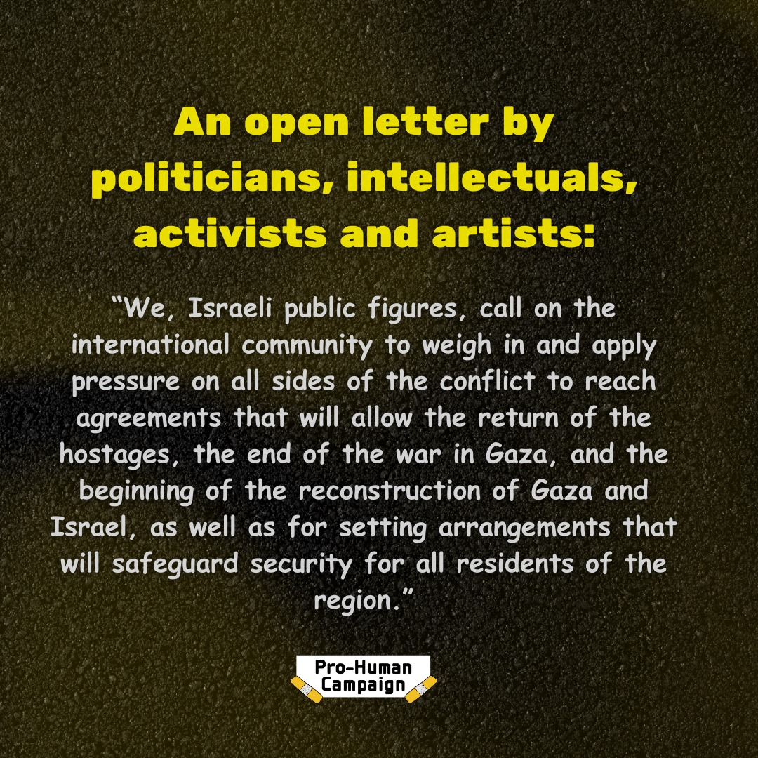 prohumanC's tweet photo. Politicians, intellectuals, activists and artists, among them Menashe Noy, Thabet Abu Rass, Eva Illouz, Dana Modan, Ohad Naharin, Esawi Frej, Ari Folman, Michal Ne’eman, Yossi Zabari, Shlomi Elkabetz and Rana Salman, signed together an open letter >> https://t.co/0kduHtCWy7 https://t.co/ag7rGFEBSr