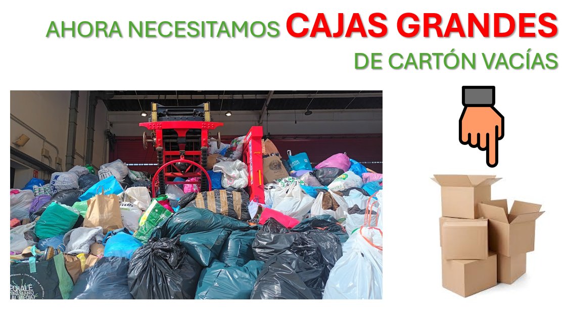 ⚠️Adaptándonos a lo que requiere la situación, ahora lo que se necesita son cajas grandes de cartón 📦📦📦 para facilitar la clasificación y traslado de toda la inmensa cantidad de material que habéis donado.

Si tienes cajas vacías en casa o tu empresa puede donarlas, nos serán