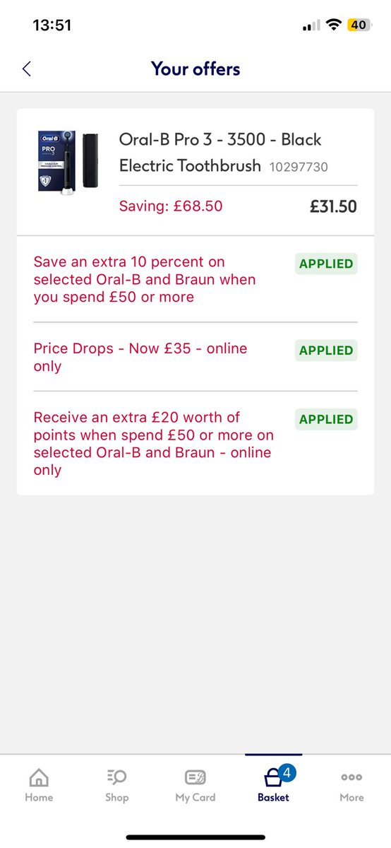 Michelle_stt's tweet photo. @BootsHelp I’ve used two offers, £20 of points spending £50+ on oral b and £5 points over £70. Both say applied but I’ve only received £23.78? Could anyone help please https://t.co/oCMVzh9s3I
