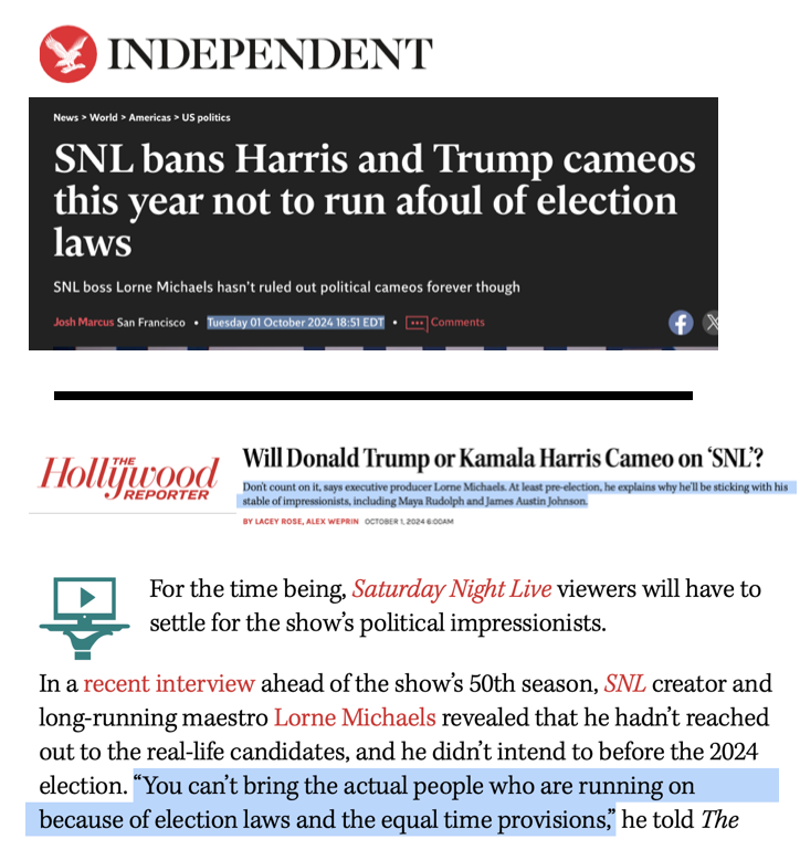 The producer of Saturday Night Live said neither Harris nor Trump would appear on the show "because of election laws." Last night, about 60 hours before polls open, he put Harris on the show in a warm &amp; humanizing sketch. He and NBC violated the equal time provision of the law.