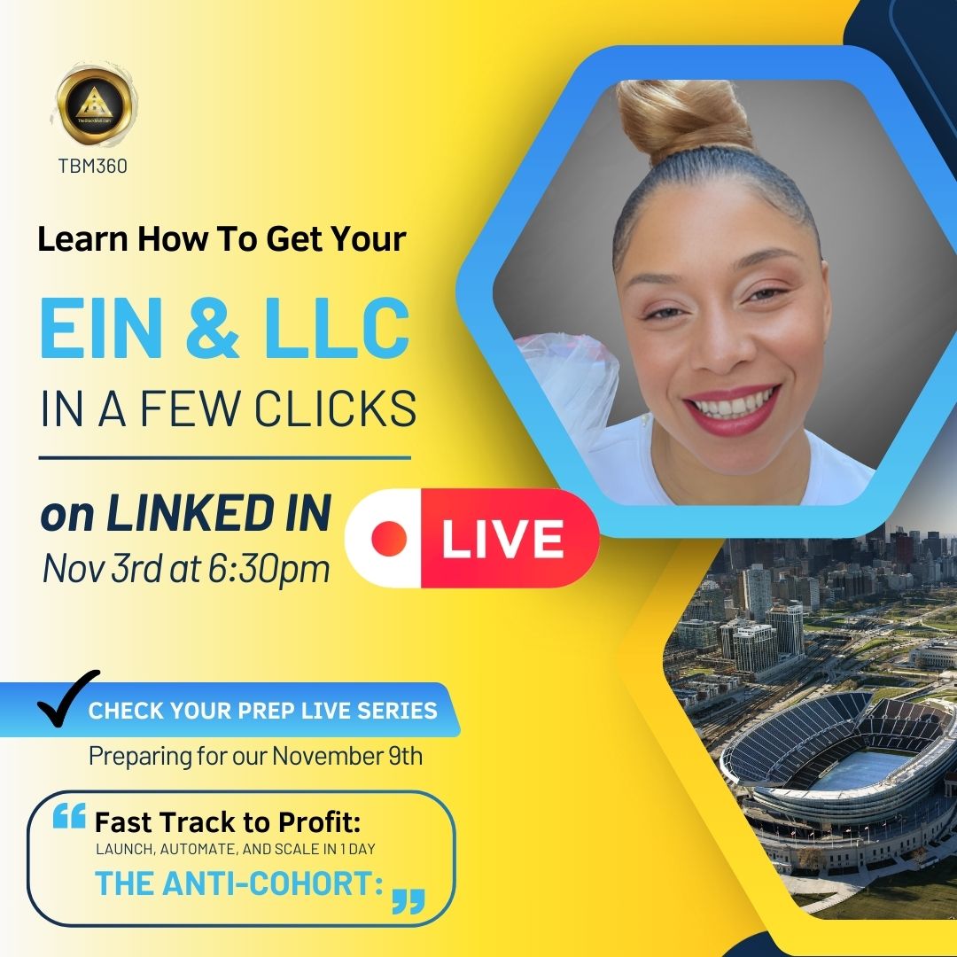 TheBlackMall's tweet photo. 🚀 Excited for my first LinkedIn Live, Nov 3rd, 6:30 PM CST! I'll guide you through getting your EIN &amp; LLC ready with a few clicks. Gear up for the one-day workshop on Nov 9th to create your complete business system and launch it! 🔗 Tune in LIVE: https://t.co/06TZ3jMora https://t.co/lpessI3VtA